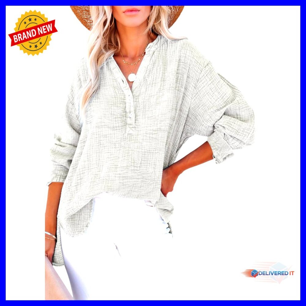 Oversized Button-Down Blouse V-Neck Long Sleeve Casual Chic Minimalist Top